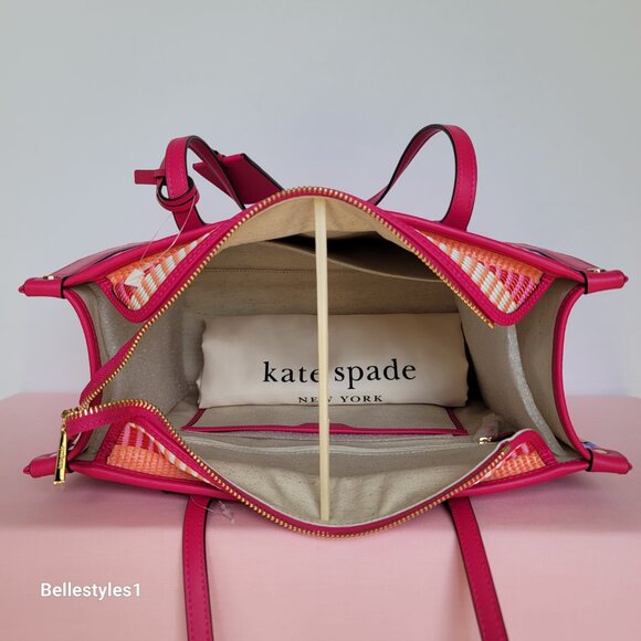 KATE SPADE Market Striped Woven Straw Medium Tote Bag-Wild Raspberry Multi⭐ - Picture 12 of 16